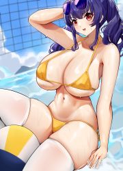 Rule 34 | 1girl, absurdres, aviator sunglasses, azur lane, bare shoulders, bikini, blush, breasts, cleavage, collarbone, cromwellb, eyewear on head, highres, large breasts, long hair, looking at viewer, navel, official alternate costume, open mouth, pola (azur lane), pola (seaside coincidence) (azur lane), sidelocks, smile, solo, sunglasses, swimsuit, thighhighs, thighs, twintails, volleyball net, wet, white thighhighs, yellow bikini