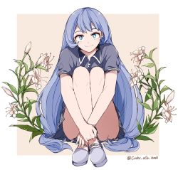 Rule 34 | 10s, 1girl, bad id, bad twitter id, blue eyes, blue hair, boku no hero academia, bright pupils, crossed ankles, dress, earrings, flower, hadou nejire, jewelry, own hands together, sitting, smile, solo, white pupils