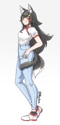 Rule 34 | 1girl, absurdres, adapted costume, alkyun, animal ear fluff, animal ears, ankle socks, black socks, black tail, blue pants, denim, hair ornament, hairclip, highres, hololive, jeans, long hair, looking at viewer, multicolored hair, ookami mio, pants, ringer t-shirt, shirt, shirt tucked in, shoes, smile, sneakers, socks, solo, standing, t-shirt, tail, tail wrap, two-tone footwear, two-tone hair, very long hair, virtual youtuber, white shirt, wolf ears, wolf girl, wolf tail, yellow eyes