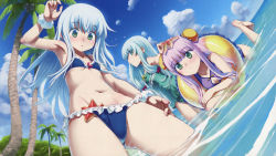 Rule 34 | 3girls, :&lt;, aoki hagane no arpeggio, barefoot, bikini, blue bikini, blue hair, blue sky, breasts, bun cover, casual one-piece swimsuit, cleavage, cleavage cutout, clothing cutout, collarbone, cropped, day, double bun, dutch angle, feet, fingernails, fisheye, frill trim, frills, gluteal fold, green eyes, green hair, green one-piece swimsuit, hair bun, hair ribbon, highres, i-400 (aoki hagane no arpeggio), i-402 (aoki hagane no arpeggio), innertube, iona (aoki hagane no arpeggio), koume keito, long hair, multiple girls, navel, object in clothes, object in swimsuit, one-piece swimsuit, outdoors, parted lips, partially submerged, purple one-piece swimsuit, ribbon, scan, scrunchie, sidelocks, sky, small breasts, starfish, swim ring, swimsuit, tress ribbon, wading, wrist scrunchie