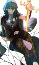 Rule 34 | 1girl, blue eyes, byleth (female) (fire emblem), byleth (fire emblem), clothing cutout, dagger, fire emblem, fire emblem: three houses, highres, holding, holding sword, holding weapon, knife, looking at viewer, navel, navel cutout, nintendo, sb (sbixinsky), sword, weapon, white background