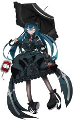 Rule 34 | + +, 1girl, arm warmers, bianca (black survival), black dress, black footwear, black nails, black pantyhose, black survival, black umbrella, blood, blood bag, blue hair, blush, breasts, brooch, closed mouth, commentary request, cross, cross necklace, dress, fang, fang out, fingernails, frilled dress, frilled umbrella, frills, full body, gem, gothic lolita, hair between eyes, hemokinesis, highres, jewelry, kurodani yamame, lolita fashion, long hair, looking at viewer, medium breasts, nail polish, necklace, pantyhose, red eyes, red gemstone, rinyamame, shoes, simple background, solo, touhou, umbrella, very long hair, white background