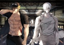 Rule 34 | 2boys, abs, bad id, bad pixiv id, bare pectorals, baseball cap, black pants, blonde hair, blood, blood on clothes, blood on face, colored skin, hair over one eye, hat, hataraku saibou, highres, holding, holding knife, killer t (hataraku saibou), knife, looking at viewer, male focus, military, military uniform, multiple boys, muscular, muscular male, navel, nipples, nosebleed, open clothes, open shirt, pants, pectorals, serious, shirt, short hair, short sleeves, silver hair, stomach, toned, toned male, torn clothes, torn shirt, tsunami (sorudora), u-1146, uniform, white blood cell (hataraku saibou), white skin, wind