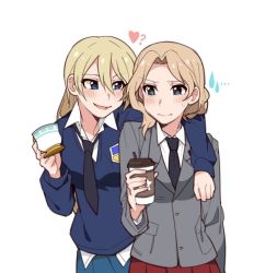 Rule 34 | ..., 10s, 2girls, ?, alternate hairstyle, arm around shoulder, bad id, bad twitter id, black necktie, blazer, blue sweater, blush, grabbing another&#039;s breast, coffee cup, cup, darjeeling (girls und panzer), disposable cup, dress shirt, girls und panzer, grabbing, green eyes, hair down, hair up, heart, ilhi, jacket, kay (girls und panzer), loose necktie, multiple girls, necktie, personality switch, role reversal, shirt, smile, sweatdrop, sweater, teacup, untucked shirt, v-neck, white background, white shirt, yuri