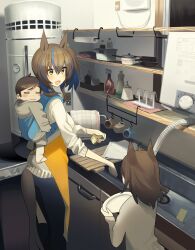Rule 34 | 1boy, 2girls, aged up, animal ears, apron, ashinowoto, blue hair, brown hair, cabinet, child, cutting board, daitaku helios (umamusume), dishwashing, faucet, highres, horse ears, horse girl, horse tail, kitchen, mother and daughter, mother and son, multicolored hair, multiple girls, open mouth, plate, sink, sleeping, smile, tail, umamusume