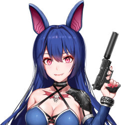 Rule 34 | 1girl, animal ears, arm at side, armor, bad id, bad pixiv id, barcode, barcode tattoo, bat ears, belt, belt buckle, belt pouch, black footwear, black panties, blue belt, blue hair, boots, bracelet, breasts, brown legwear, buckle, chain, claw (weapon), cleavage, closed mouth, collarbone, commentary request, corset, criss-cross halter, crossed legs, detached sleeves, fake animal ears, fangs, greem bang, gun, hair between eyes, hair intakes, halterneck, handgun, jewelry, large breasts, long hair, looking at viewer, nail polish, original, panties, pauldrons, pink eyes, pouch, red nails, shiny skin, shoulder armor, sidelocks, simple background, single bare shoulder, single pauldron, skindentation, smile, solo, standing, suppressor, tattoo, trigger discipline, underwear, veins, veiny breasts, very long hair, walther p22, watson cross, weapon, white background