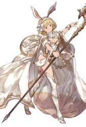 Rule 34 | 10s, 1girl, animal ears, blonde hair, brown eyes, cape, djeeta (granblue fantasy), flower, full body, granblue fantasy, hair flower, hair ornament, headband, holding, jpeg artifacts, leotard, looking at viewer, minaba hideo, official art, rabbit ears, rabbit tail, sage (granblue fantasy), short hair, short sleeves, simple background, smile, solo, staff, tail, thighhighs, white background, wrist cuffs