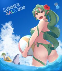 Rule 34 | 1girl, :d, ass, bad id, bad pixiv id, ball, beach, beachball, commentary, dolphin, dryad, dryad (terraria), flower, from behind, green hair, grey eyes, hair flower, hair ornament, hibiscus, highres, landmark, looking at viewer, looking back, medaman, moai, monster girl, open mouth, palm tree, plant, plant girl, ponytail, pyramid (structure), smile, solo, standing, statue, swimsuit, terraria, tree, vines