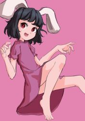 1girl :d animal_ears bare_legs barefoot black_hair dress flat_chest floating foot_out_of_frame hands_up happy highres inaba_tewi knee_up looking_at_viewer open_mouth pink_background pink_dress rabbit_ears red_eyes scottie0521 short_hair simple_background smile solo swept_bangs toes touhou