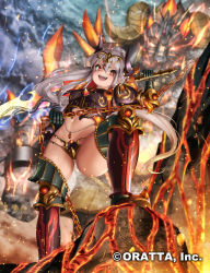 Rule 34 | 1girl, :d, armor, ass, breastplate, chain, chloris garden, circlet, gauntlets, greaves, grey hair, holding, holding sword, holding weapon, horns, jewelry, long hair, looking at viewer, lava, monster girl, navel, official art, open mouth, ponytail, smile, solo, sword, teeth, weapon, yana (nekoarashi)