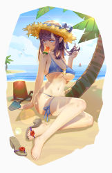Rule 34 | 1girl, absurdres, bare arms, bare legs, barefoot, baschyf, beach, bikini, blue bikini, blue eyes, blue ribbon, blue sky, border, breasts, brown hat, bucket, chinese commentary, cleavage, commentary request, day, feet, food, food in mouth, full body, groin, hair ribbon, hat, heart o-ring, highres, holding, holding own hair, large breasts, leg ribbon, legs, long hair, looking at viewer, mouth hold, navel, ocean, original, outdoors, palm tree, popsicle, purple eyes, ribbon, sandals, shovel, single sandal, sitting, skindentation, sky, solo, stomach, straw hat, swimsuit, thigh ribbon, thighhighs, toes, tree, underboob, unworn sandals, water