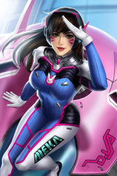 Rule 34 | 1girl, acronym, animal print, arm at side, armor, blue bodysuit, bodysuit, boots, bracer, breasts, brown eyes, brown hair, d.va (overwatch), day, eyelashes, eyeliner, facepaint, facial mark, from above, gloves, hand up, headphones, legs together, long hair, long sleeves, looking at viewer, makeup, matching hair/eyes, mecha, medium breasts, meka (overwatch), nazuroth, overwatch, overwatch 1, parted lips, pauldrons, petals, pilot suit, pink lips, rabbit print, ribbed bodysuit, robot, shading eyes, shoulder armor, shoulder pads, sitting, skin tight, smile, solo, thigh boots, thigh strap, thighhighs, turtleneck, whisker markings, white footwear, white gloves, white thighhighs