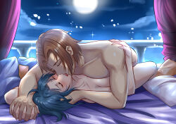 Rule 34 | 07th expansion, 1boy, 1girl, absurdres, blush, brown hair, chie rumiko, commission, completely nude, couple, couple (romantic), couple sex, highres, higurashi no naku koro ni, irie kyousuke, kiss, missionary, missionary sex, moaning, moans, moon, moonlight, non-web source, nude, open mouth, orgasm, pillow, vaginal