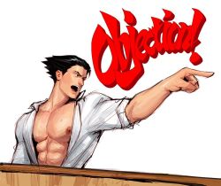 Rule 34 | 1boy, abs, ace attorney, alternate muscle size, alternate pectoral size, bara, bare pectorals, black hair, collared shirt, commentary, english commentary, hair slicked back, large pectorals, male focus, muscular, muscular male, nipples, objection, pectorals, phoenix wright, pointing, pointing to the side, shirt, short hair, sideburns, solo, sweat, theo (theobromicart), unfinished, upper body, white background