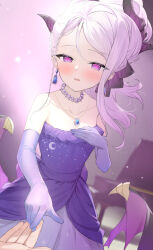 Rule 34 | 1girl, 1other, bare shoulders, bead necklace, beads, black horns, blue archive, blush, dress, earrings, gloves, hand on own chest, highres, hina (blue archive), hina (dress) (blue archive), holding hands, horns, jewelry, light smile, low wings, necklace, official alternate costume, official alternate hairstyle, purple dress, purple eyes, purple gloves, purple wings, solo focus, takumi11, wings
