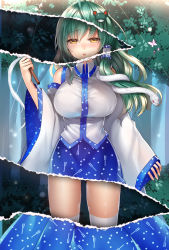 Rule 34 | 1girl, :o, ahoge, arm at side, bad id, bad pixiv id, blonde hair, blue skirt, blush, breasts, bug, butterfly, collared vest, detached sleeves, forest, frog hair ornament, green hair, hair ornament, hair tubes, half-closed eyes, highres, holding, insect, kochiya sanae, large breasts, legs apart, light, light beam, long hair, long skirt, long sleeves, looking at viewer, multicolored hair, nature, nose blush, open mouth, print skirt, red eyes, revealing layer, single sidelock, skirt, sleeves past wrists, snake, solo, sweatdrop, thighhighs, thighs, touhou, tree, tsukiriran, two-tone hair, vest, white thighhighs, white vest, wide sleeves, yellow eyes