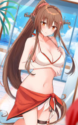 Rule 34 | 1girl, bare arms, bare shoulders, bikini, blush, breasts, brown hair, cleavage, closed mouth, collarbone, commentary request, day, flower, hair flower, hair intakes, hair ornament, hands up, headgear, high ponytail, highres, indoors, kantai collection, kinona, long hair, looking at viewer, medium breasts, navel, ponytail, red eyes, red flower, sarong, sidelocks, smile, solo, swimsuit, very long hair, white bikini, window, yamato (kancolle)
