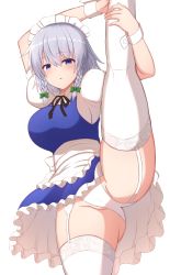 Rule 34 | 1girl, absurdres, apron, arms up, back bow, black bow, black bowtie, blue dress, blue eyes, blush, bow, bowtie, braid, breasts, buttons, collared shirt, dress, frills, green bow, grey hair, hair between eyes, hair bow, hands up, highres, izayoi sakuya, large breasts, leg up, looking at viewer, maid, maid headdress, open mouth, panties, puffy short sleeves, puffy sleeves, shirt, short hair, short sleeves, simple background, solo, split, standing, standing on one leg, thighhighs, tksand, touhou, twin braids, underwear, white apron, white background, white bow, white panties, white shirt, white thighhighs, wrist cuffs
