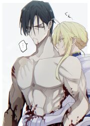 1boy 1girl abs agravain_(fate) ahoge armor artoria_pendragon_(fate) artoria_pendragon_(lancer)_(fate) aunt_and_nephew black_hair blonde_hair blood blood_from_mouth blood_on_arm blood_on_clothes braid commentary_request fate/grand_order fate_(series) frown gauntlets hug hug_from_behind muscular muscular_male nogi_(acclima) pectorals scar scar_on_shoulder sidelocks topless_male yellow_eyes