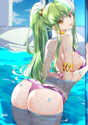Rule 34 | 1girl, absurdres, ass, bare back, bikini, breasts, butt crack, c.c., code geass, green hair, highres, large breasts, long hair, looking at viewer, matsurika (harusutain), open mouth, pool, sideboob, sky, solo, swimsuit, thighs, yellow eyes