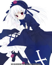 Rule 34 | 00s, 1girl, blue dress, cross-laced clothes, dress, hairband, lolita hairband, long hair, looking at viewer, lowres, pink hair, rozen maiden, silver hair, simple background, solo, suigintou, utsubushi satsuki, white background