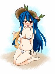 Rule 34 | 1girl, :d, alternate costume, arm at side, bad id, bad pixiv id, beach, bikini, blue hair, blush, breasts, food, fruit, gradient background, hair between eyes, hat, hinanawi tenshi, long hair, looking at viewer, midriff, navel, ocean, open mouth, peach, red eyes, sitting, smile, solo, stomach, straw hat, swimsuit, touhou, white bikini, zetsumame