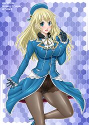 Rule 34 | 10s, 1girl, :d, amano kotone (ichigo jet), atago (kancolle), beret, black gloves, black pantyhose, blonde hair, blue eyes, blush, bow, bowtie, breasts, character name, commentary request, copyright name, covered erect nipples, gloves, hat, high heels, highres, kantai collection, large breasts, long hair, looking at viewer, open mouth, panties, panties under pantyhose, pantyhose, smile, solo, underwear
