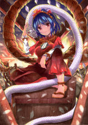 Rule 34 | 1girl, anklet, arm rest, blouse, blue hair, calligraphy brush (medium), expressionless, full body, gradient background, hair ornament, highres, indian style, jewelry, kittona, knee up, leaf hair ornament, long sleeves, looking at viewer, millipen (medium), mirror, no socks, onbashira, red eyes, rope, sandals, shide, shimenawa, shirt, short hair, sitting, skirt, snake, solo, touhou, traditional media, twilight, watercolor pencil (medium), yasaka kanako