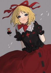 Rule 34 | 1girl, arms behind back, black shirt, blonde hair, blue eyes, bow, bowtie, breasts, closed mouth, commentary request, cowboy shot, doll, dutch angle, frilled shirt collar, frills, grey background, hair ribbon, highres, looking at viewer, medicine melancholy, puffy short sleeves, puffy sleeves, red bow, red bowtie, red ribbon, red skirt, ribbon, shirt, short hair, short sleeves, simple background, skirt, small breasts, smile, solo, su-san, touhou, wamaru