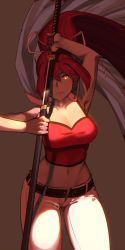 Rule 34 | 1girl, arm up, armpits, breasts, camisole, cleavage, clothing cutout, collarbone, crop top, glowing, glowing eye, hair between eyes, hair intakes, hair ribbon, highres, holding, holding weapon, katana, large breasts, long hair, midriff, navel, pants, parted lips, ponytail, purple hair, red camisole, red eyes, ribbon, shaded face, shadow, sheath, slit pupils, smile, solo, sunlight, suwaiya, sword, under night in-birth, unsheathing, very long hair, weapon, yuzuriha (under night in-birth)