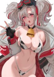 Rule 34 | 1girl, :o, animal print, azur lane, bell, bikini, bikini under clothes, black gloves, breasts, cleavage, commentary request, cow print, cowbell, cowboy shot, ev (dai00888), fingerless gloves, gloves, goggles, goggles on head, grey jacket, hair between eyes, hair ribbon, highres, jacket, large breasts, leaning to the side, looking at viewer, multicolored hair, navel, neck bell, off shoulder, open clothes, open jacket, open mouth, print bikini, prinz adalbert (azur lane), red eyes, red hair, red ribbon, revision, ribbon, silver hair, simple background, solo, standing, string bikini, swimsuit, twintails, two-tone hair, white background