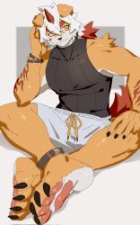 Rule 34 | 1boy, anklet, arknights, black shirt, bracelet, chinese commentary, claws, colored tips, commentary request, furry, furry male, grey pants, hand on own head, highres, horns, hung (arknights), jewelry, jyuuzai, komainu boy, komainu ears, komainu tail, looking to the side, male focus, multicolored hair, pants, pawpads, ponytail, shirt, single horn, sitting, sleeveless, sleeveless shirt
