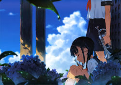 Rule 34 | 2girls, absurdres, black skirt, blouse, blue sky, blurry, clenched hands, clenched teeth, cloud, cloudy sky, crying, day, depth of field, flower, flute, from side, highres, hydrangea, instrument, leaf, legs together, multiple girls, neckerchief, original, out of frame, outdoors, parted lips, pleated skirt, profile, red neckerchief, scan, shirt, short sleeves, sidelocks, sitting, skirt, sky, standing, tears, teeth, trumpet, twintails, water drop, white legwear, white shirt, yoneyama mai