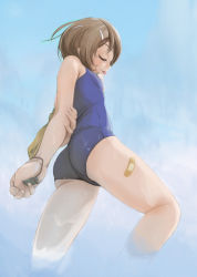 Rule 34 | 1girl, arms behind back, ass, bandaid, brown hair, closed eyes, flat chest, from below, from side, goggles, highres, holding own arm, kitajima, one-piece swimsuit, original, school swimsuit, short hair, solo, swimsuit, water, wet