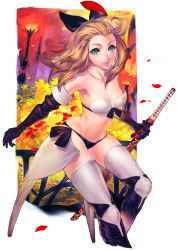 Rule 34 | 1girl, 5pb., aqua eyes, bare shoulders, blonde hair, bravely default: flying fairy, bravely default (series), breasts, collarbone, edea lee, elbow gloves, gloves, highres, holding, katana, lips, long hair, petals, simosi, smile, solo, sword, thighhighs, weapon, white thighhighs