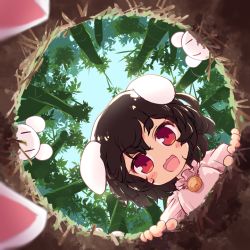 Rule 34 | 1girl, animal ears, bamboo, bamboo forest, blush stickers, brown hair, carrot necklace, day, floppy ears, forest, inaba mob (touhou), inaba tewi, isu (is88), looking at viewer, nature, necklace, open mouth, outdoors, pink shirt, pitfall, rabbit, rabbit ears, red eyes, reisen udongein inaba, shirt, short hair, smile, solo focus, touhou