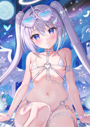 Rule 34 | 1girl, akabane (zebrasmise), angel wings, bikini, blue eyes, blush, breasts, cleavage, closed mouth, commentary request, eyewear on head, grey hair, hair ornament, halo, highres, long hair, looking at viewer, micro bikini, original, purple eyes, small breasts, solo, swimsuit, twintails, wings
