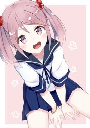 Rule 34 | 10s, 1girl, :d, arm support, between legs, blue skirt, from above, hair bobbles, hair ornament, hand between legs, highres, kantai collection, looking at viewer, looking up, neckerchief, open mouth, pink eyes, pink hair, pleated skirt, sailor collar, sazanami (kancolle), school uniform, serafuku, shikuro (iorimiyakiyo), sitting, skirt, smile, solo, spread legs, twintails