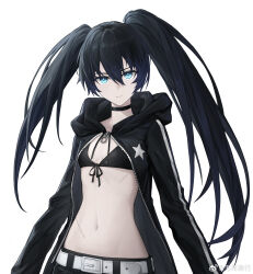 Rule 34 | 1girl, :|, belt, bikini, bikini top only, black bikini, black choker, black coat, black hair, black rock shooter, black rock shooter (character), black shorts, blue eyes, breasts, choker, closed mouth, coat, front-tie bikini top, front-tie top, hair between eyes, highres, hood, hood down, hooded coat, long hair, long sleeves, looking at viewer, navel, official art, punishing: gray raven, scar, scar on chest, scar on stomach, shorts, small breasts, solo, star (symbol), star print, stomach, swimsuit, twintails, uneven twintails, upper body, weibo logo, weibo watermark, white background, white belt, wu lun wujin