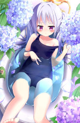 Rule 34 | 1girl, barefoot, blue one-piece swimsuit, collarbone, commentary request, flower, hatsuhi, highres, hydrangea, long hair, one-piece swimsuit, original, partially submerged, red eyes, school swimsuit, silver hair, sitting, solo, strap slip, swimsuit, wading pool