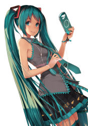 Rule 34 | 1girl, aqua eyes, aqua hair, blush, bug, butterfly, earphones, efmoe, handheld game console, hatsune miku, bug, long hair, looking at viewer, necktie, playstation portable, skirt, sleeveless, smile, solo, thighhighs, twintails, very long hair, vocaloid, zettai ryouiki