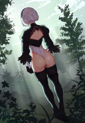 Rule 34 | 1girl, 2b (nier:automata), artist name, ass, back, back cutout, backless dress, backless outfit, black dress, black footwear, black gloves, black hairband, black shirt, black thighhighs, boots, breasts, closed mouth, clothing cutout, cloud, crop top, curvy, dappled sunlight, dated, day, dress, feather-trimmed sleeves, feather trim, flower, from behind, full body, gloves, grass, hairband, high heel boots, high heels, highleg, highleg leotard, highres, holding, holding sword, holding weapon, huge ass, juliet sleeves, katana, leaf, legs together, leotard, light particles, light rays, long sleeves, looking at viewer, looking back, nature, nier:automata, nier (series), no pants, nose, outdoors, pink lips, plant, profile, puffy sleeves, ribbed dress, ribbed shirt, shiny skin, shirt, short hair, shoulder blades, silver hair, skin tight, skindentation, sky, small breasts, solo, standing, sunbeam, sunlight, sunna (nilsunna), sword, thigh boots, thigh gap, thighhighs, thighhighs under boots, thighs, thong, thong leotard, tree, turtleneck, twisted neck, vambraces, weapon, wedgie, white leotard, wide hips