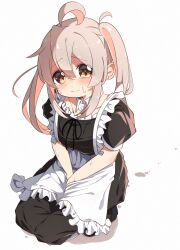 Rule 34 | 1girl, ahoge, apron, between legs, black dress, black ribbon, blush, brown hair, closed mouth, collarbone, colored inner hair, detached collar, dress, embarrassed, female focus, frilled apron, frills, hair between eyes, hand between legs, have to pee, highres, kneeling, long dress, long hair, looking at viewer, maid, maid apron, multicolored hair, neck ribbon, nose blush, onii-chan wa oshimai!, own hands together, oyama mahiro, pee, peeing, peeing self, pink hair, puddle, puffy short sleeves, puffy sleeves, raised eyebrows, ribbon, seiza, short sleeves, sidelocks, simple background, sitting, solo, split mouth, sweat, twintails, two-tone hair, v arms, white apron, white background, yairo ju, yellow eyes