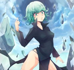 Rule 34 | 1girl, ;o, bare legs, curly hair, dress, female focus, green eyes, green hair, impossible clothes, impossible dress, long sleeves, matching hair/eyes, md5 mismatch, one-punch man, one eye closed, panties, psychic, sakurapain6918, sky, solo, string panties, tatsumaki, underwear