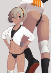 Rule 34 | 1girl, abs, absurdres, alternate costume, ass, bea (pokemon), closed mouth, collarbone, commentary request, creatures (company), dark-skinned female, dark skin, eyelashes, fundoshi, game freak, grey background, grey eyes, grey hair, hair between eyes, hairband, hands on own hips, highres, japanese clothes, knee pads, looking to the side, mizu happi, multiple views, navel, nintendo, pokemon, pokemon swsh, putcher, short hair, sleeves past elbows, striped clothes, striped hairband