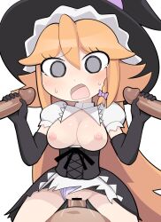 Rule 34 | 1girl, 3boys, akane (cookie), apron, bar censor, black corset, black gloves, black headwear, black skirt, blush, bow, breasts, breasts out, censored, cleavage, cleavage cutout, clothing aside, clothing cutout, commentary, cookie (touhou), corset, cowboy shot, double handjob, elbow gloves, frilled apron, frills, gloved handjob, gloves, grey eyes, hair between eyes, hair bow, handjob, hat, hat bow, hetero, highres, hospital king, kirisame marisa, long bangs, long hair, looking at viewer, medium breasts, multiple boys, open mouth, panties, panties aside, penis, puffy short sleeves, puffy sleeves, purple bow, purple panties, pussy, sex, shirt, short sleeves, simple background, skirt, solo focus, textless version, torn clothes, torn skirt, touhou, underbust, underwear, vaginal, very long hair, waist apron, white apron, white background, white shirt, witch hat