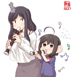 Rule 34 | 2girls, aged down, ahoge, alternate costume, artist logo, beamed eighth notes, black hair, blue eyes, blue shirt, bow, braid, brown hair, child, collarbone, commentary request, dated, eighth note, flute, hair bow, hair ornament, hair over shoulder, highres, holding flute, holding instrument, instrument, kanon (kurogane knights), kantai collection, long sleeves, multiple girls, music, musical note, playing instrument, recorder, red bow, red eyes, shigure (kancolle), shirt, short hair, short sleeves, simple background, single braid, upper body, white background, white shirt, yamashiro (kancolle)