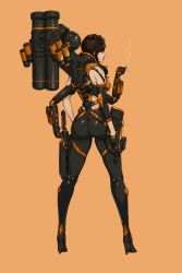 Rule 34 | 1girl, ass, black footwear, brown eyes, brown hair, cigarette, cyborg, extra arms, facing away, full body, goggles, goggles on head, gun, high heels, highres, mechanical arms, orange background, rocket launcher, smoking, solo, standing, weapon, wei (kaminari0411)