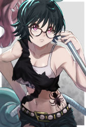 Rule 34 | 1girl, black hair, breasts, cross, cross necklace, denim, glasses, highres, hunter x hunter, inverted cross, jewelry, large breasts, looking at viewer, necklace, purple eyes, scene reference, shirt, shizuku murasaki, short hair, simple background, skirt, solo, spider tattoo, sweater, tattoo, tomaton (t 0), torn clothes, torn shirt, torn skirt, turtleneck, vacuum cleaner