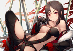 Rule 34 | 1girl, bare shoulders, barefoot, black dress, black gloves, black jacket, blush, braid, breasts, brown hair, center opening, choker, collarbone, dress, ear piercing, earrings, elbow gloves, fate/grand order, fate (series), fur-trimmed jacket, fur trim, gloves, jacket, jewelry, knee up, kyoeiki, long hair, looking at viewer, medium breasts, multiple earrings, multiple swords, navel, off shoulder, open clothes, open jacket, piercing, red eyes, revealing clothes, simple background, smile, solo, strapless, strapless dress, sword, thighs, very long hair, weapon, yu mei-ren (fate)